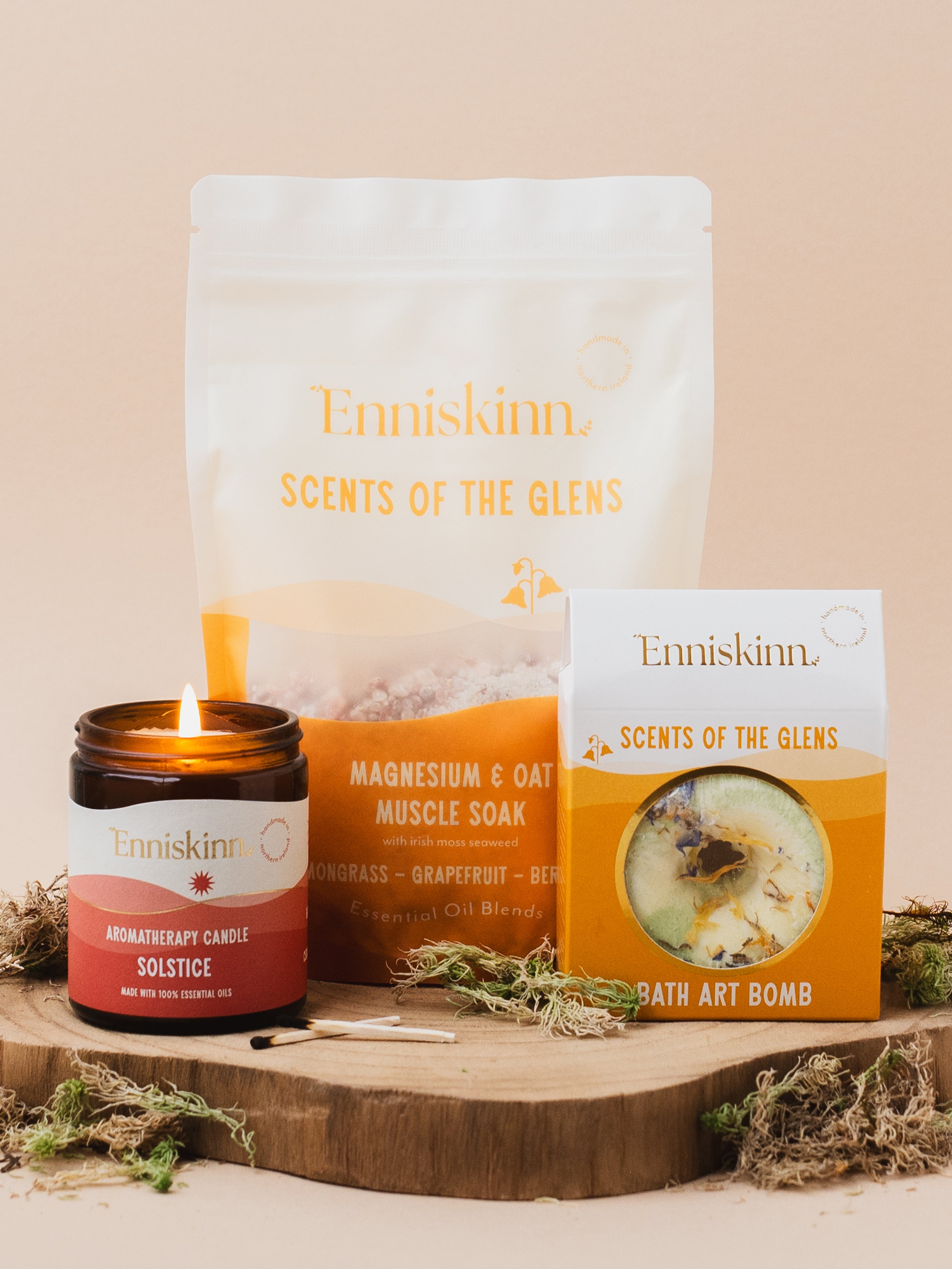 A Tale of Happiness - Golden Hour Soak Bath Bundle ( Aromatherapy Candle - Solstice +Bath Art Bomb - Scents of the Glens +Magnesium & Oat Muscle Soak - Scents of the Glens)