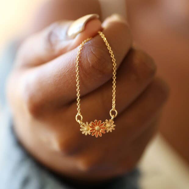 Triple Enamel Flower Pendant Necklace in Gold