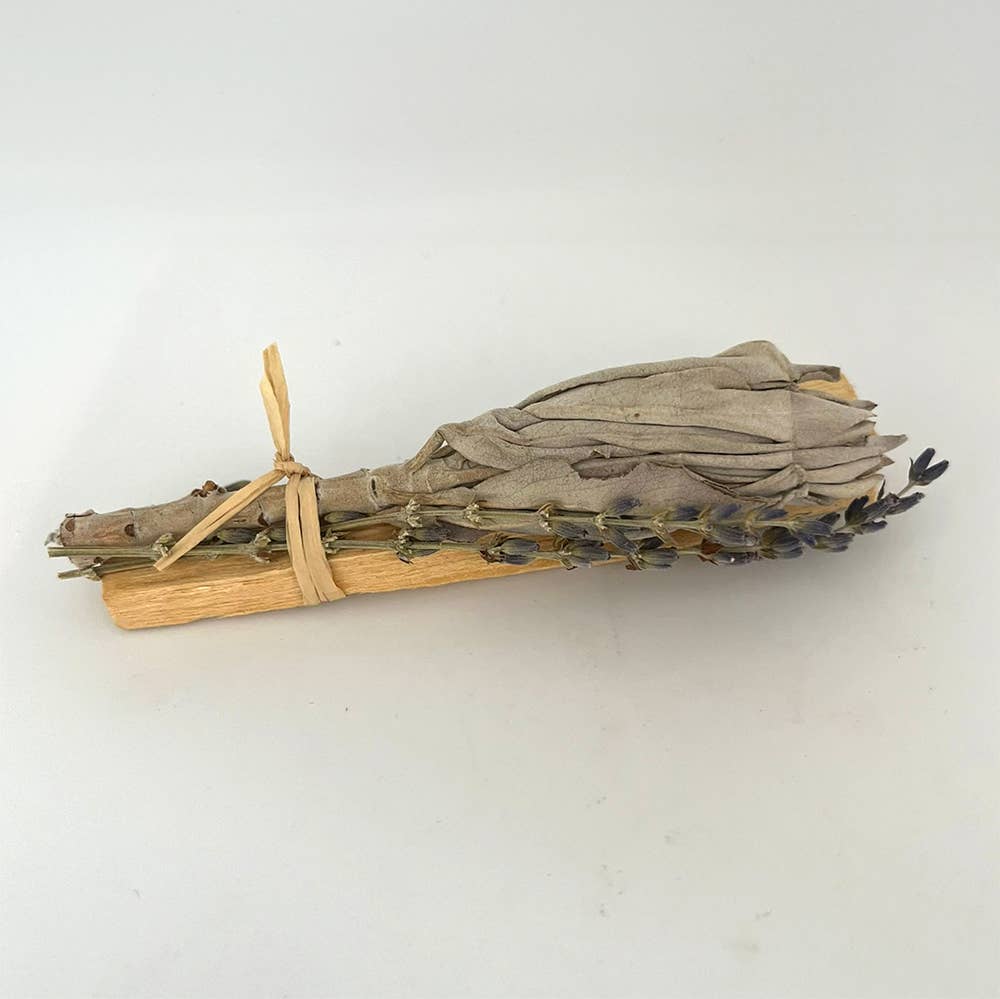 White Sage Cluster with Palo Santo Stick and Lavender 4"