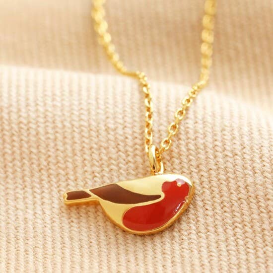 Enamel Robin Pendant Necklace in Gold