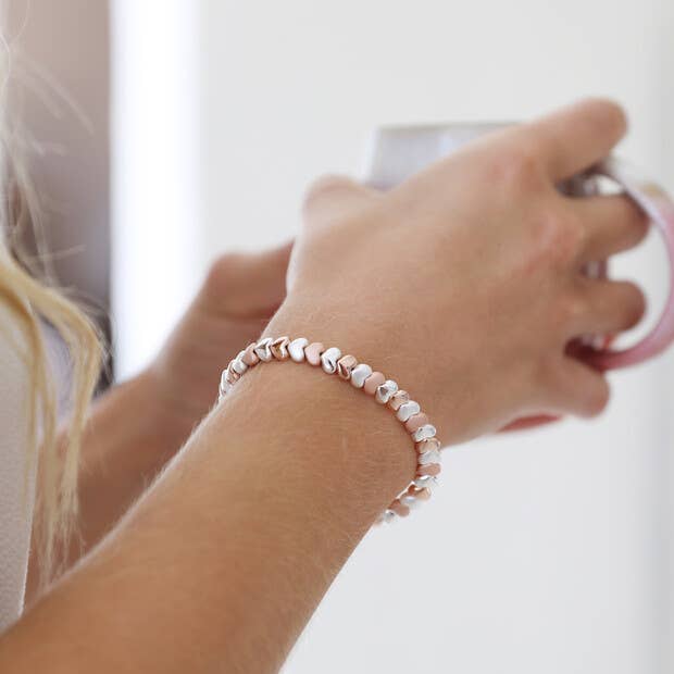 Beaded Hearts Bracelet In Silver And Rose Gold