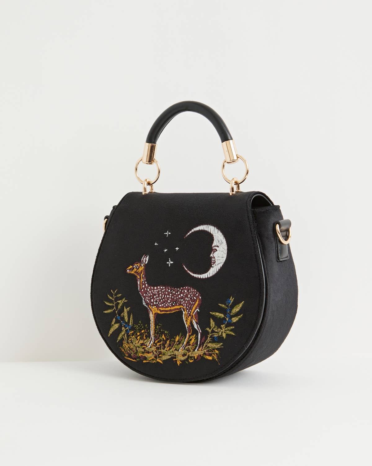 FABLE Deer & Moon Embroidered Black Velvet Saddle Purse