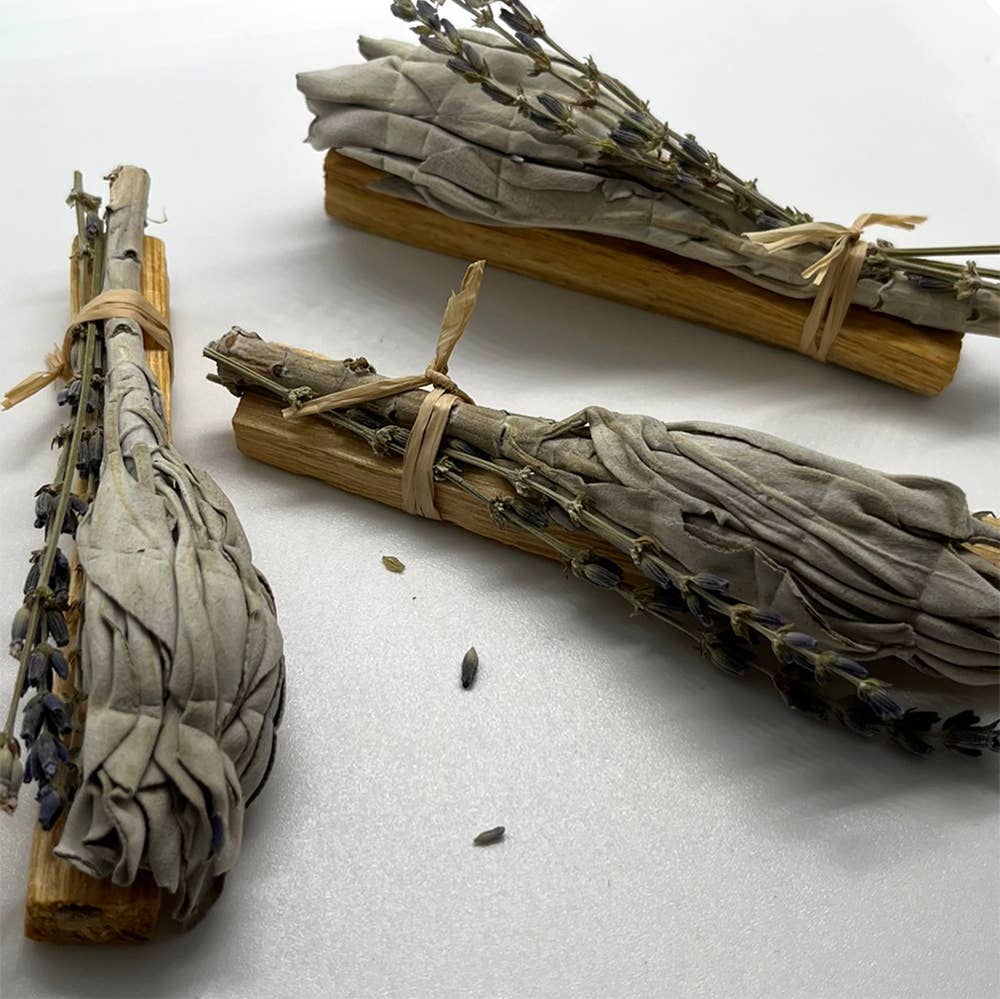 White Sage Cluster with Palo Santo Stick and Lavender 4"