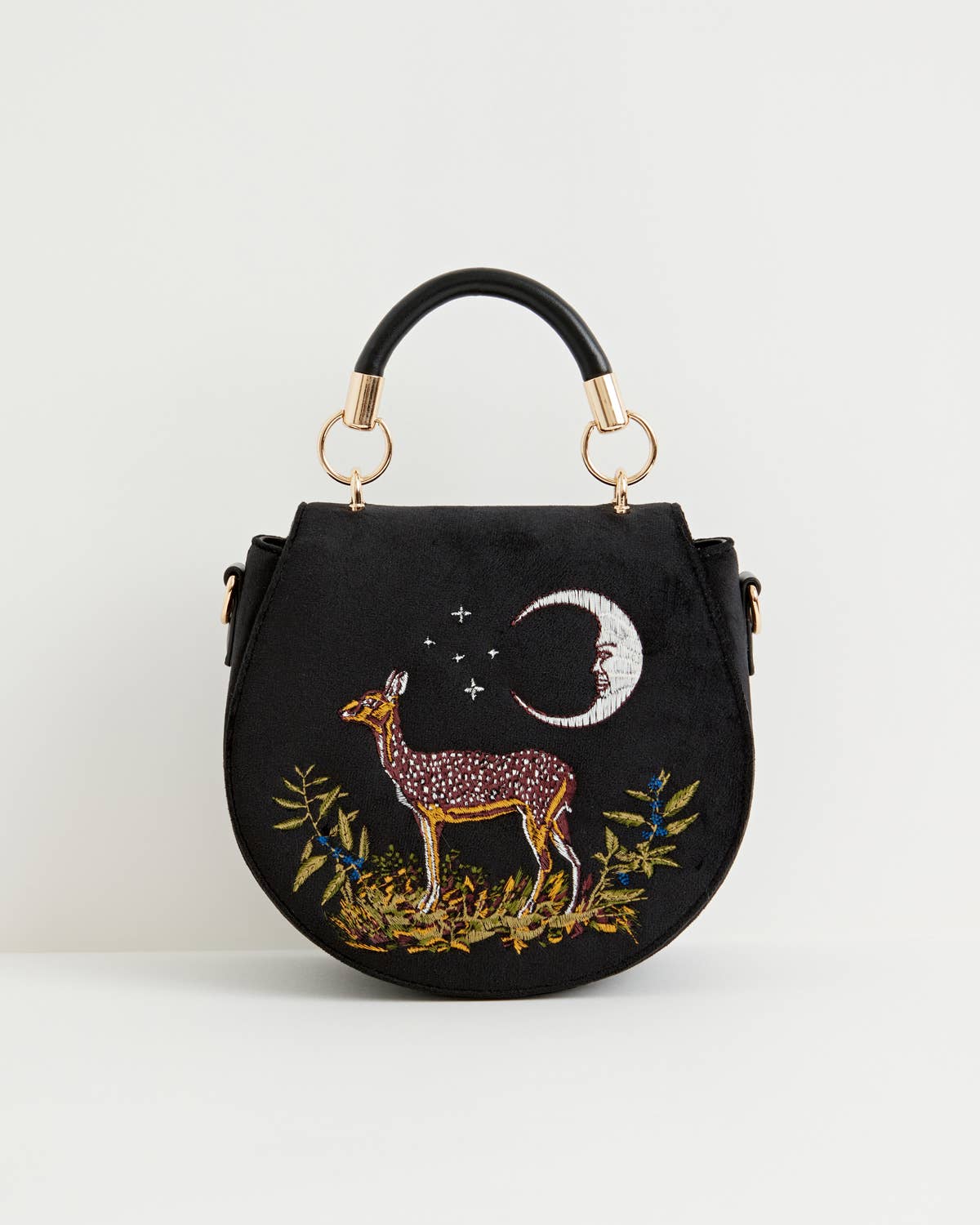 FABLE Deer & Moon Embroidered Black Velvet Saddle Purse