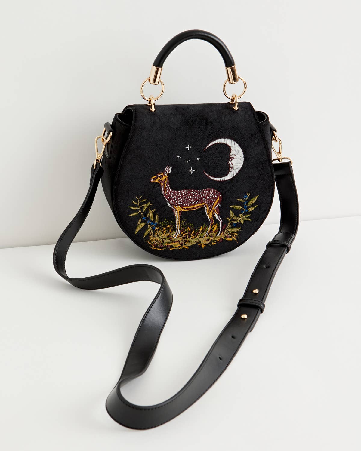 FABLE Deer & Moon Embroidered Black Velvet Saddle Purse