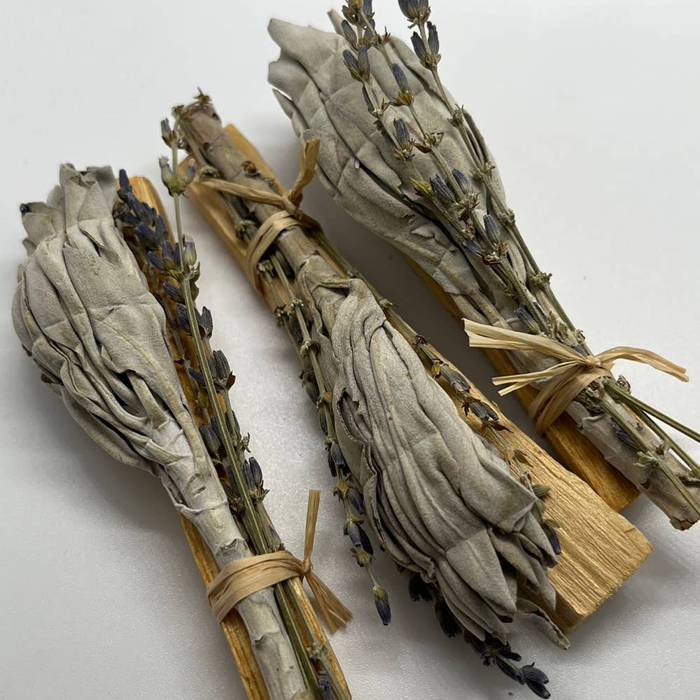 White Sage Cluster with Palo Santo Stick and Lavender 4"