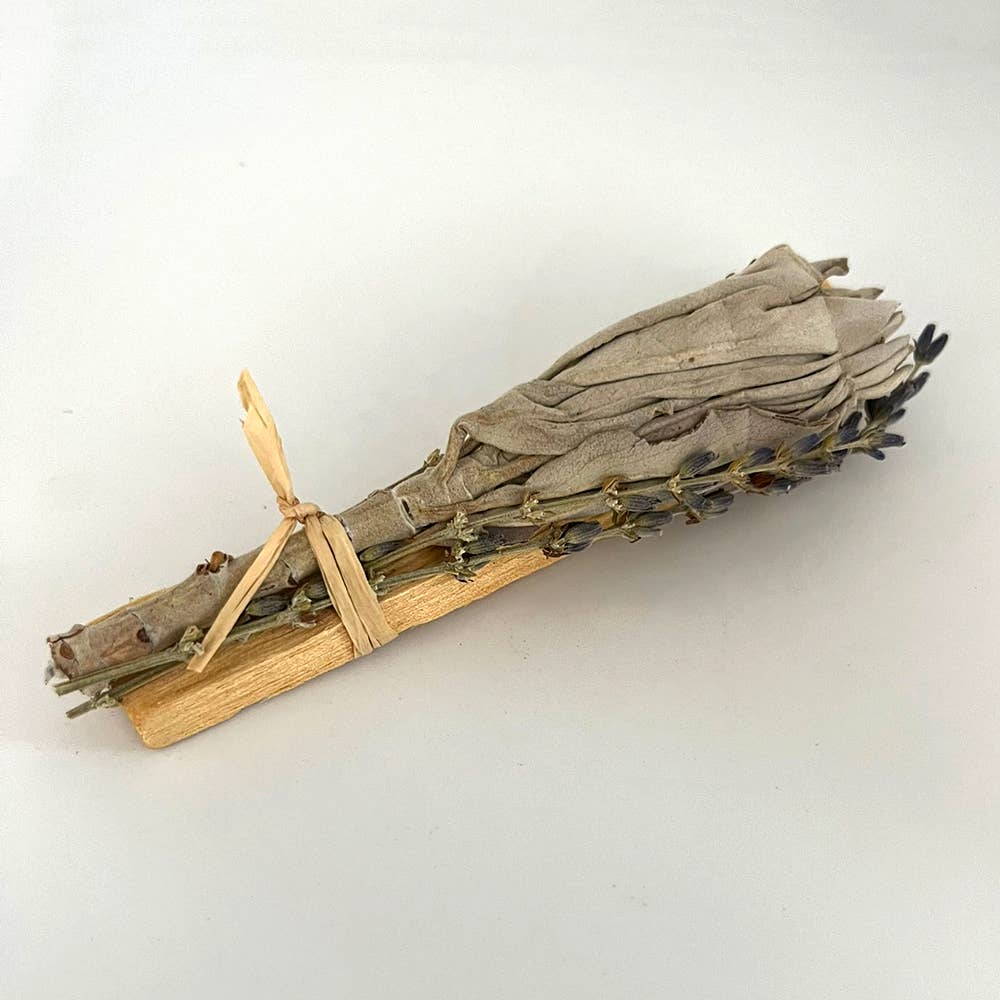 White Sage Cluster with Palo Santo Stick and Lavender 4"