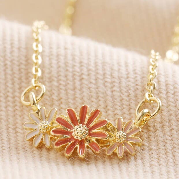 Triple Enamel Flower Pendant Necklace in Gold