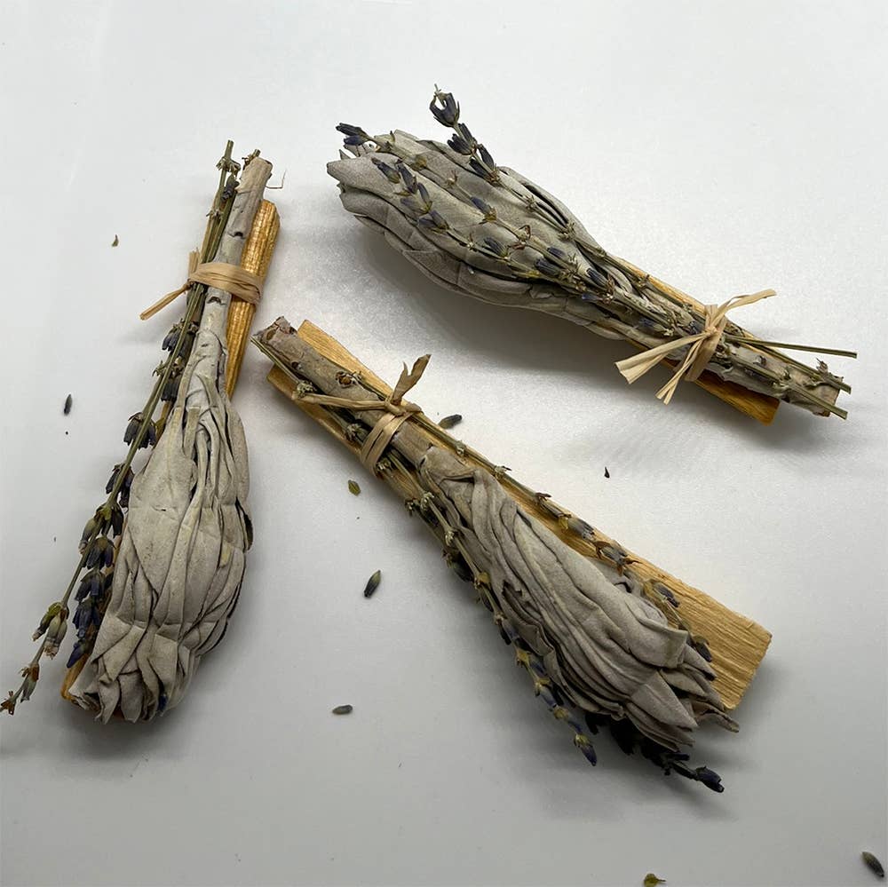 White Sage Cluster with Palo Santo Stick and Lavender 4"