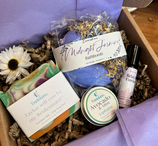 Personalized self-care gift box Handmade soap Bath bomb Lip balm Essential oil roller Spa experience Relaxation gift Customized label Tranquil self-care Personalized pampering Natural ingredients Spa at home Enniskillen Shopping 