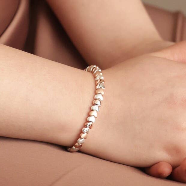 Beaded Hearts Bracelet In Silver And Rose Gold