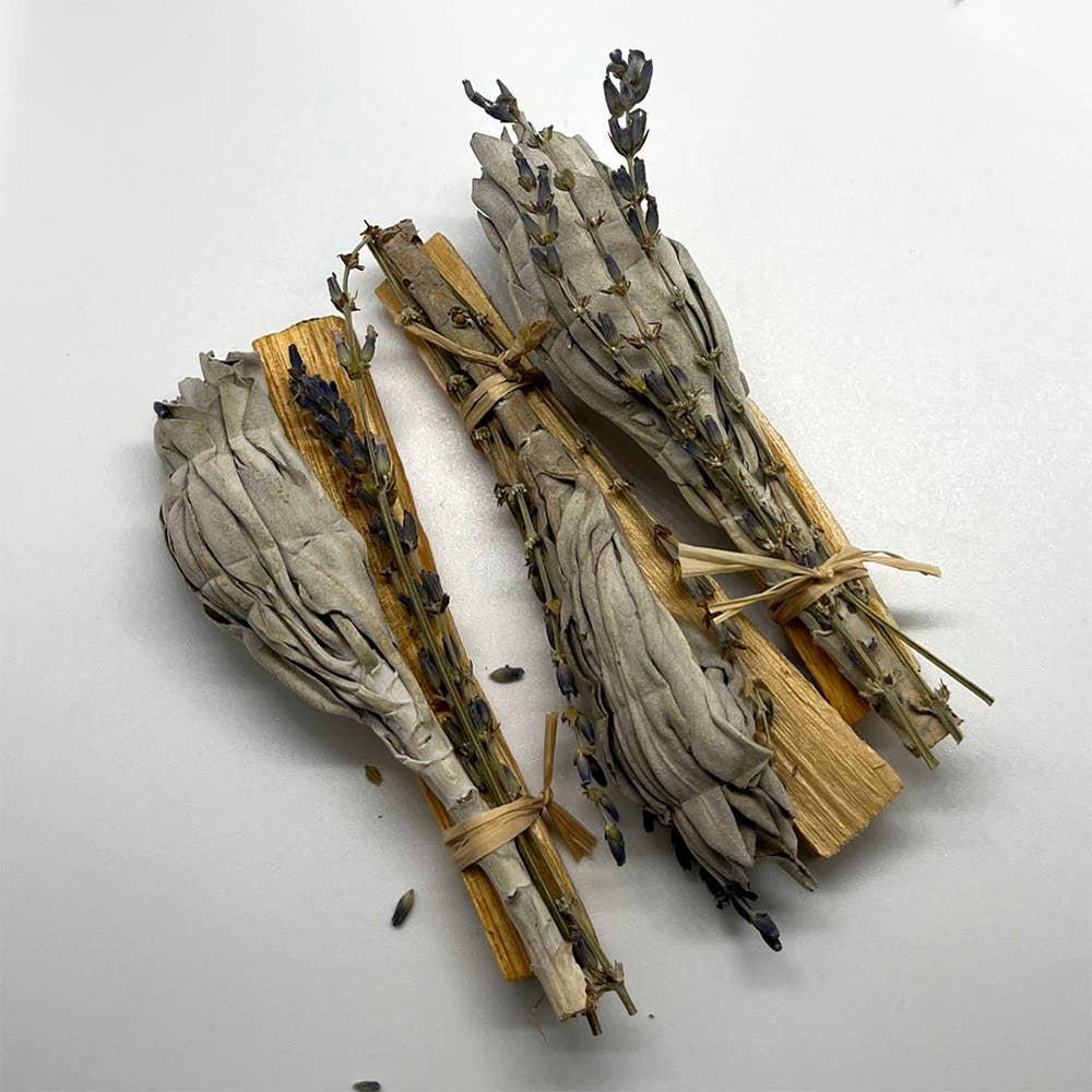 White Sage Cluster with Palo Santo Stick and Lavender 4"