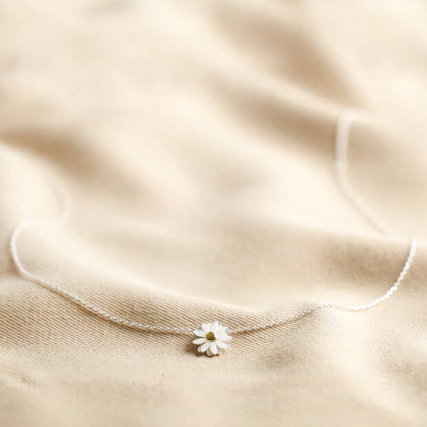 White Enamel Daisy Necklace with Gold Middle