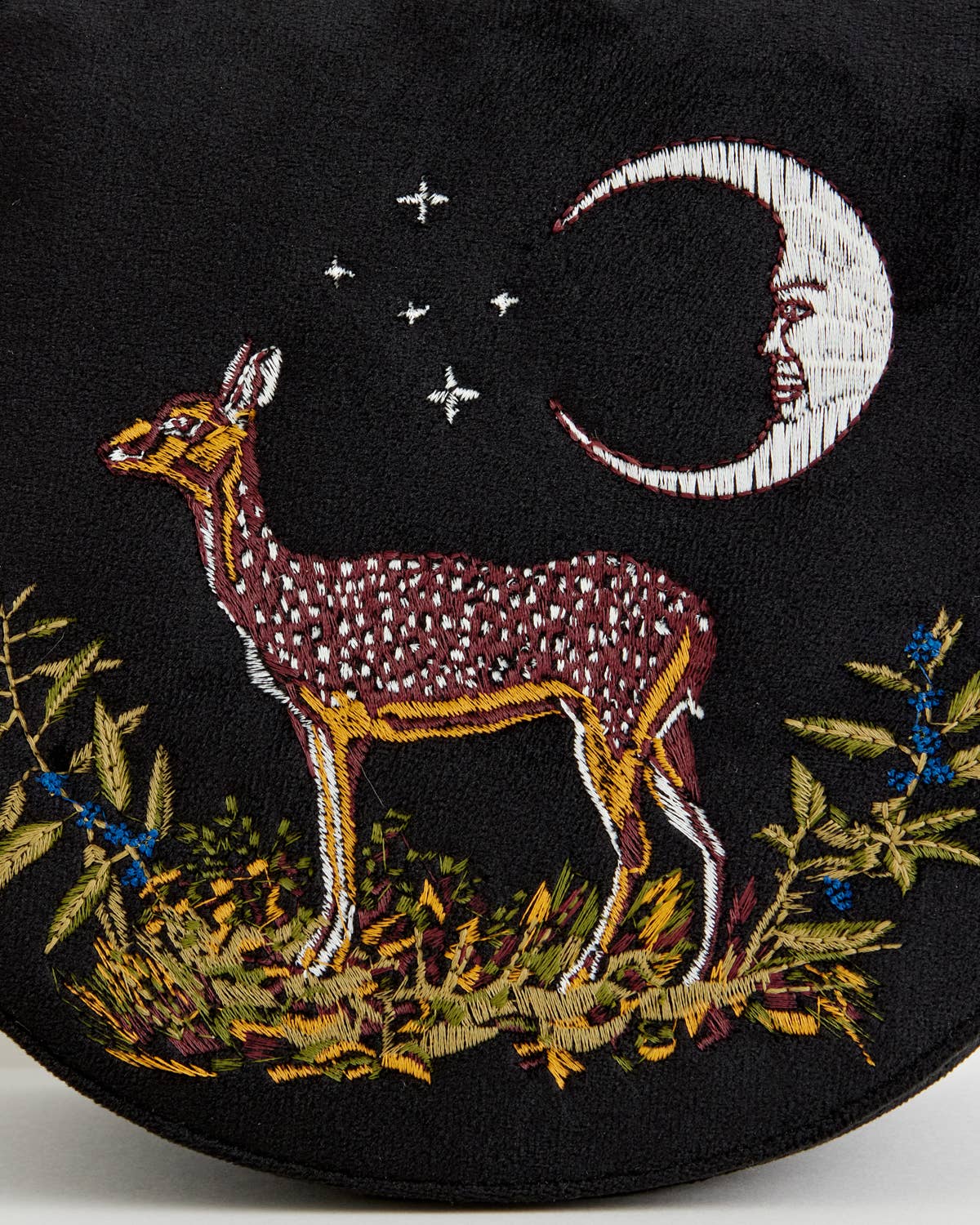 FABLE Deer & Moon Embroidered Black Velvet Saddle Purse