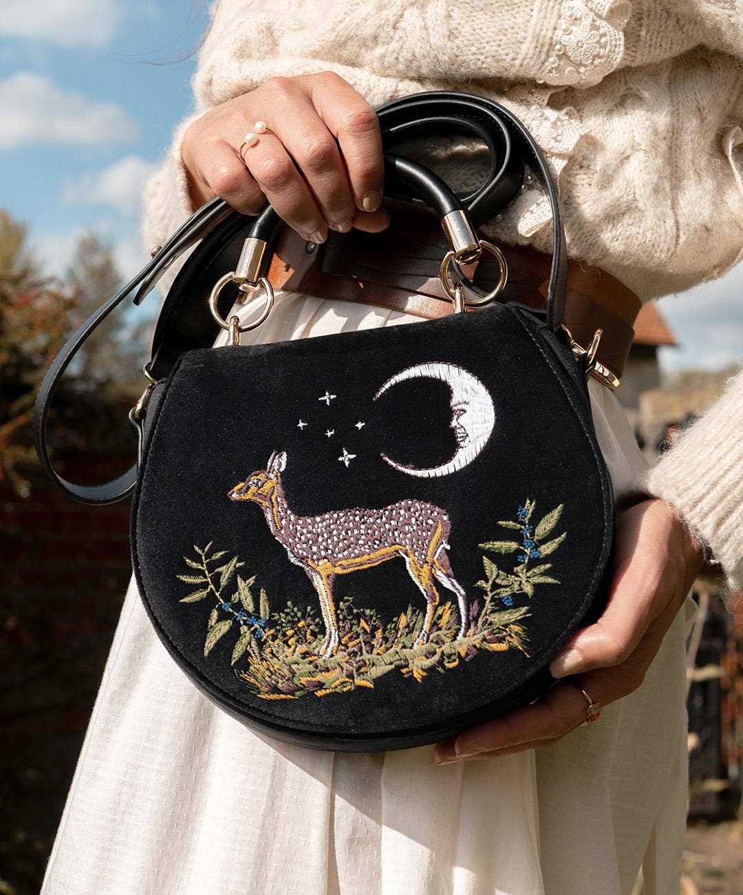 FABLE Deer & Moon Embroidered Black Velvet Saddle Purse