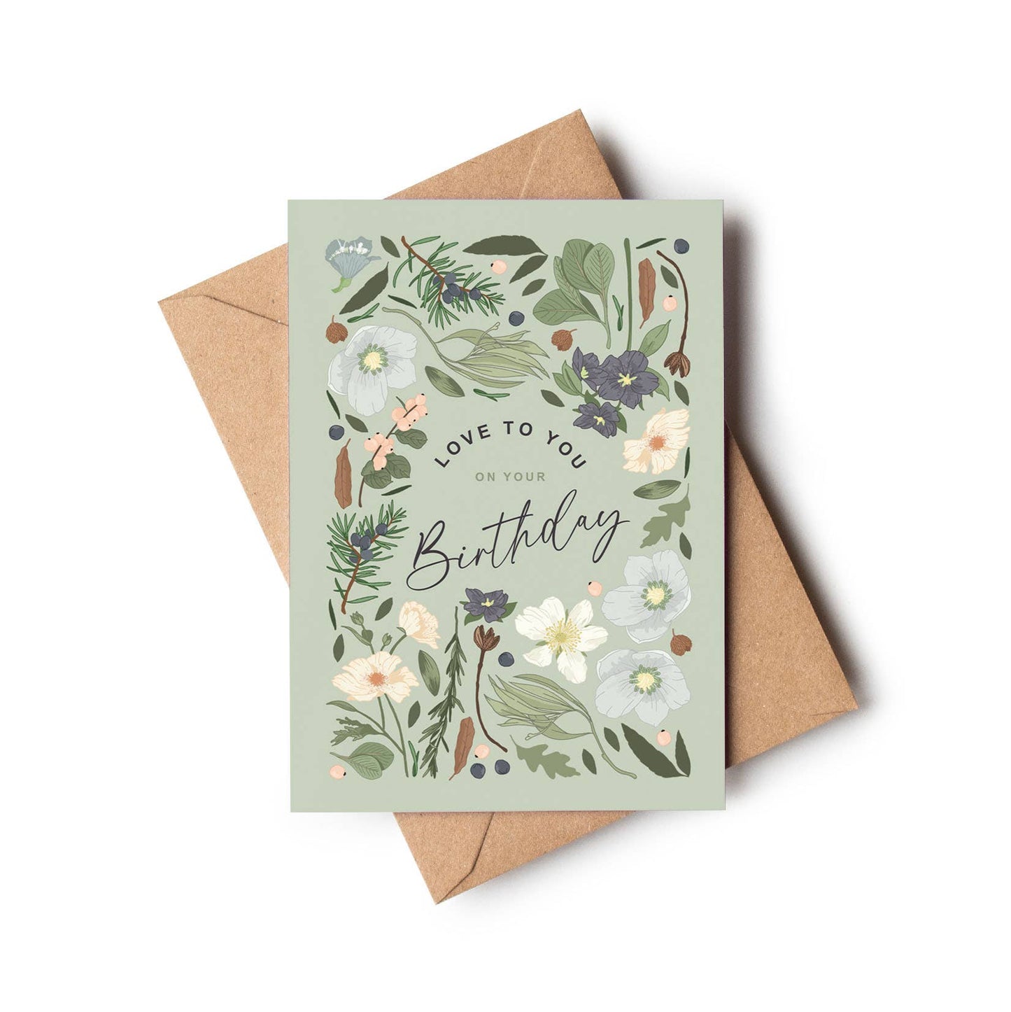 Birthday Love Botanical Pale Green/Grey Greeting Card
