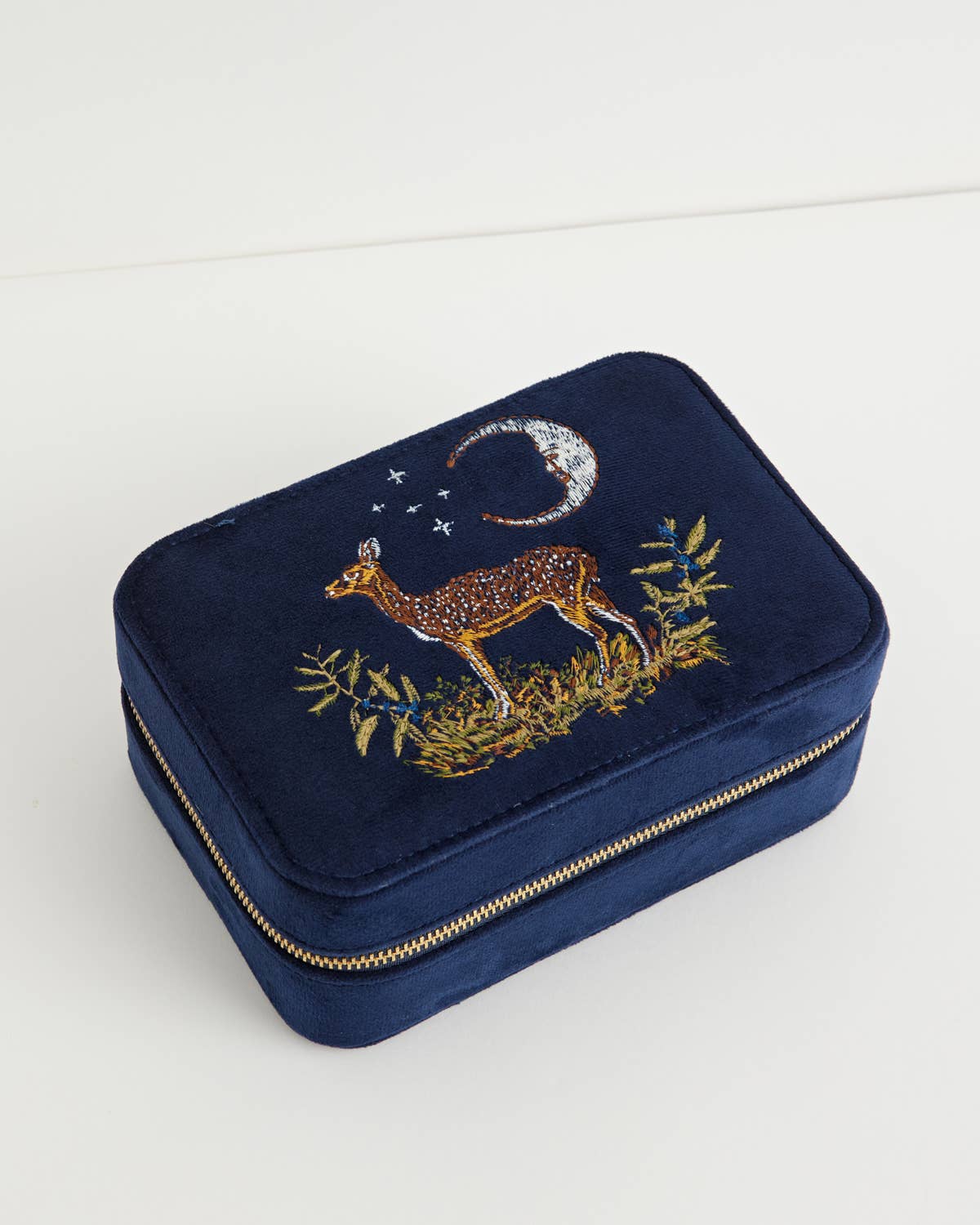 Deer and Moon Embroidered Velvet Large Jewellery Box