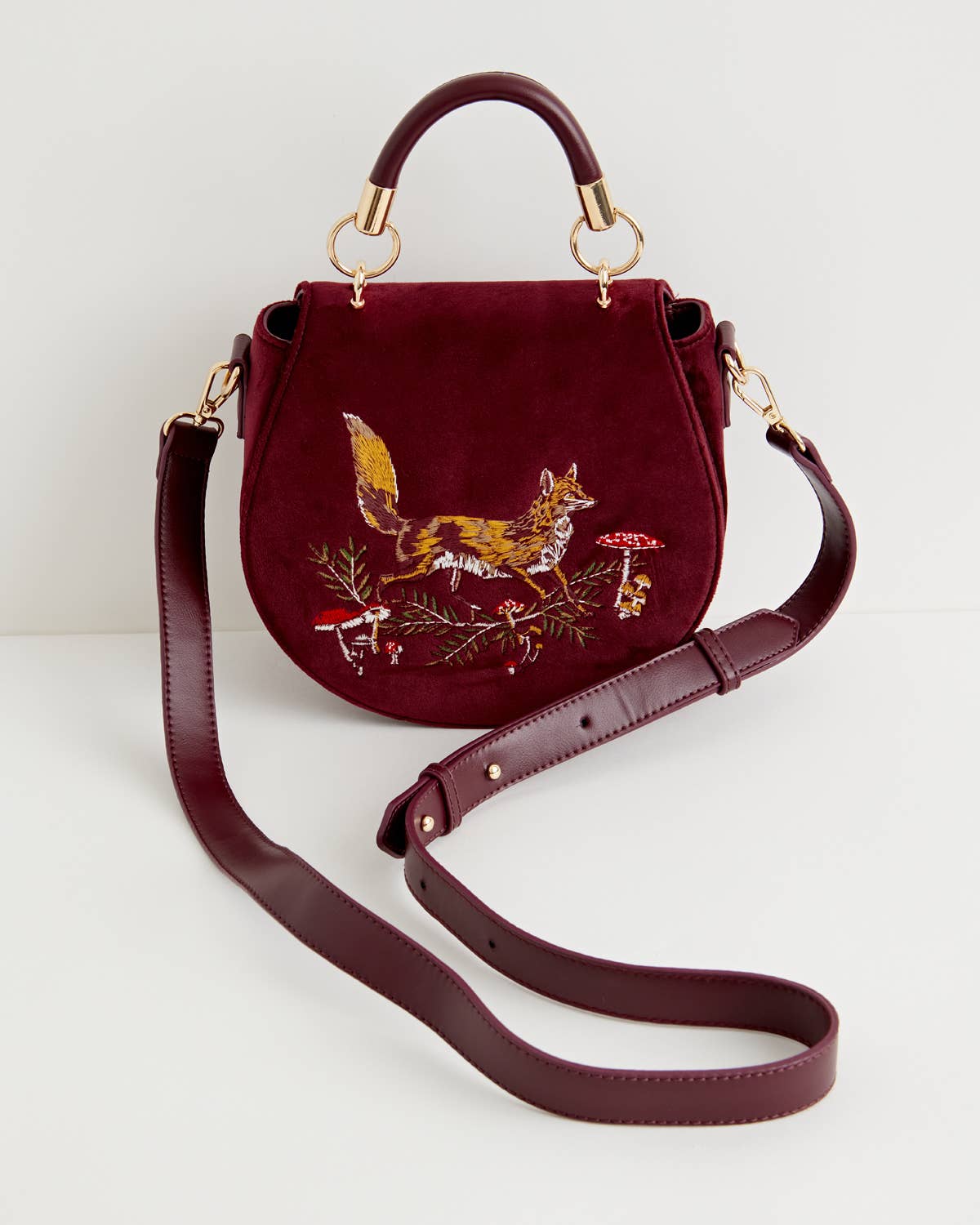 Fox & Mushroom Embroidered Burgundy Velvet Saddle Bag