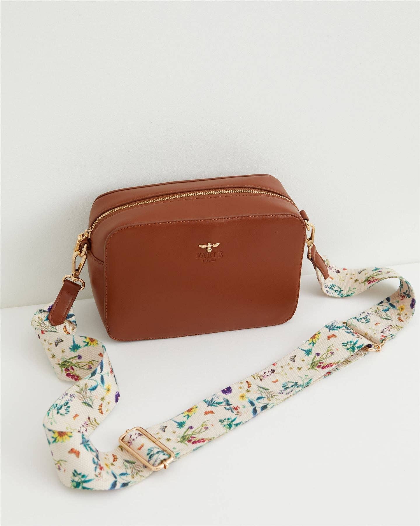 Fable England Camera Bag with Printed Strap in Tan. Fable England where to buy. Enniskillen Shopping Center. 